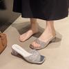 2025 Summer New European and American Large Size One-word High-heeled Slippers Foreign Trade Sequins Square Head Transparent and Cool Slippers Women