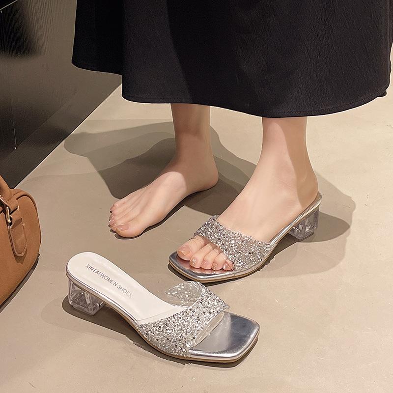 2025 Summer New European and American Large Size One-word High-heeled Slippers Foreign Trade Sequins Square Head Transparent and Cool Slippers Women