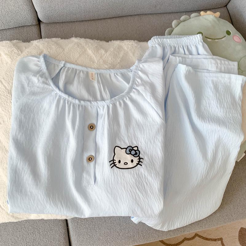 Женский набор пижамы с мультяшным принтом из облачного хлопка – с длинным рукавом, круглым вырезом, больших размеров, для ношения на улице