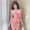 Элегантное кружевное облегающее платье с V-образным вырезом, бантом и удлиненными рукавами, стройнящее