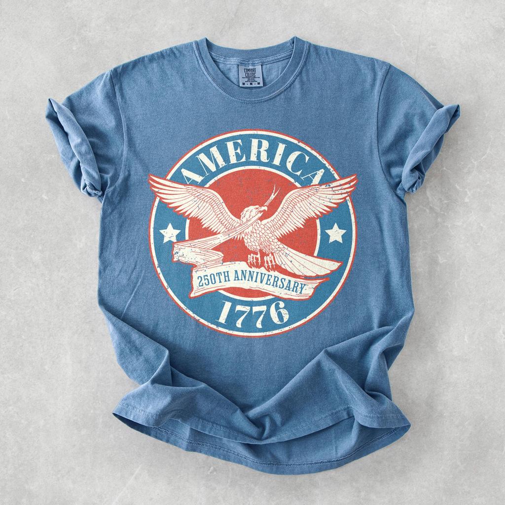 Футболка к 250-летию США - Ретро футболка Comfort Colors ко Дню Независимости 4 июля, Футболка Америка 250, Патриотическая футболка 1776, Футболка ко Дню Независимости