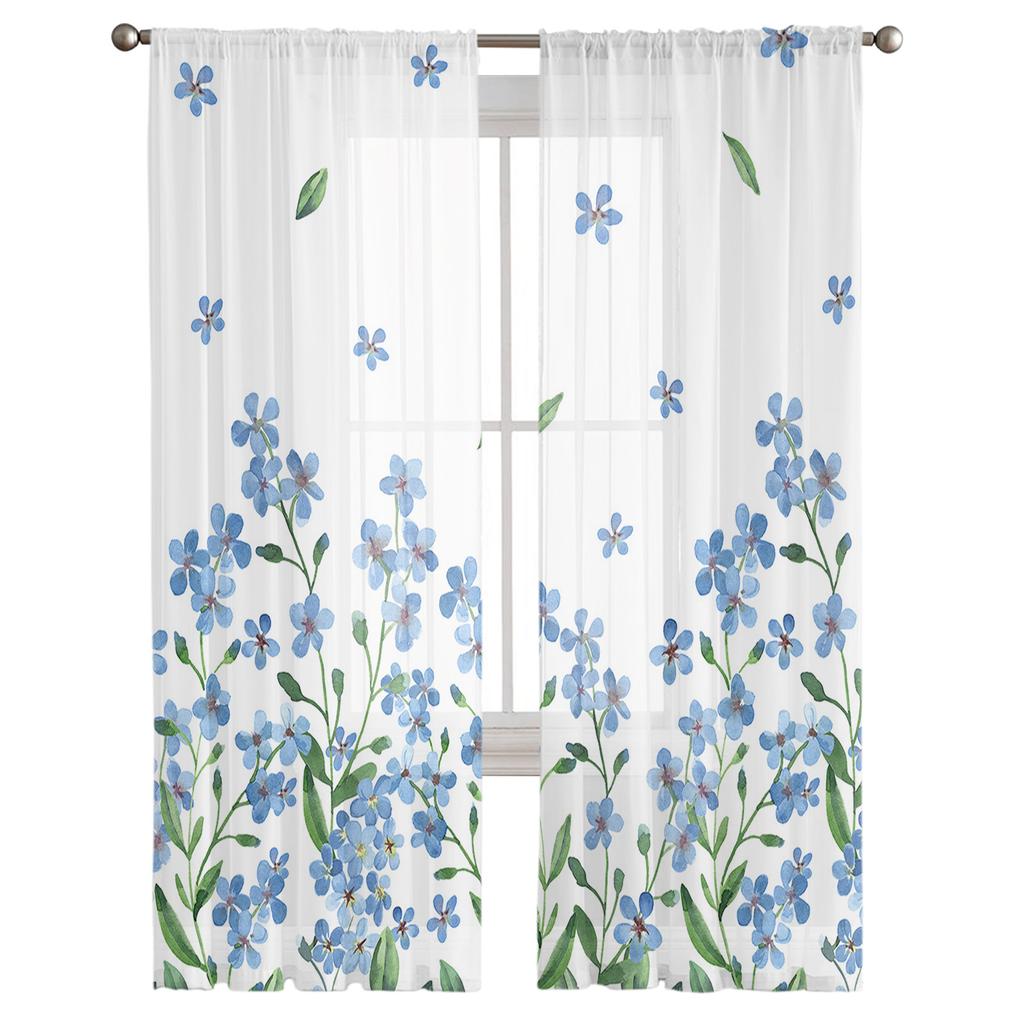 Watercolor Blue Flowers Farmhouse Countryside Voile Sheer Curtains Living Room Window Tulle Curtain Kitchen Bedroom Home Decor