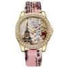 Snake Print Leather Belt Women's Watch with Eiffel Tower Design and Diamond Numerals