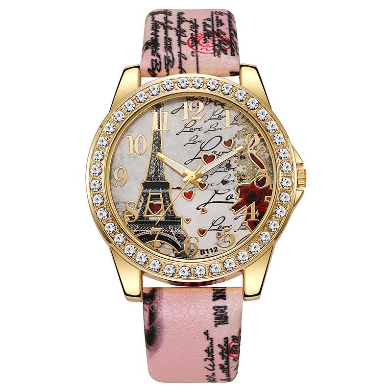 Snake Print Leather Belt Women's Watch with Eiffel Tower Design and Diamond Numerals