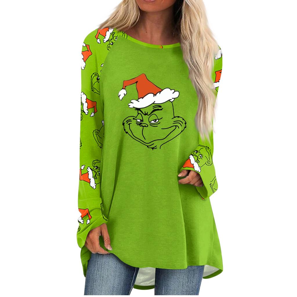 Women's Fashion Casual Long Sleeve Christmas Print Round Neck Pullover Top Blouse