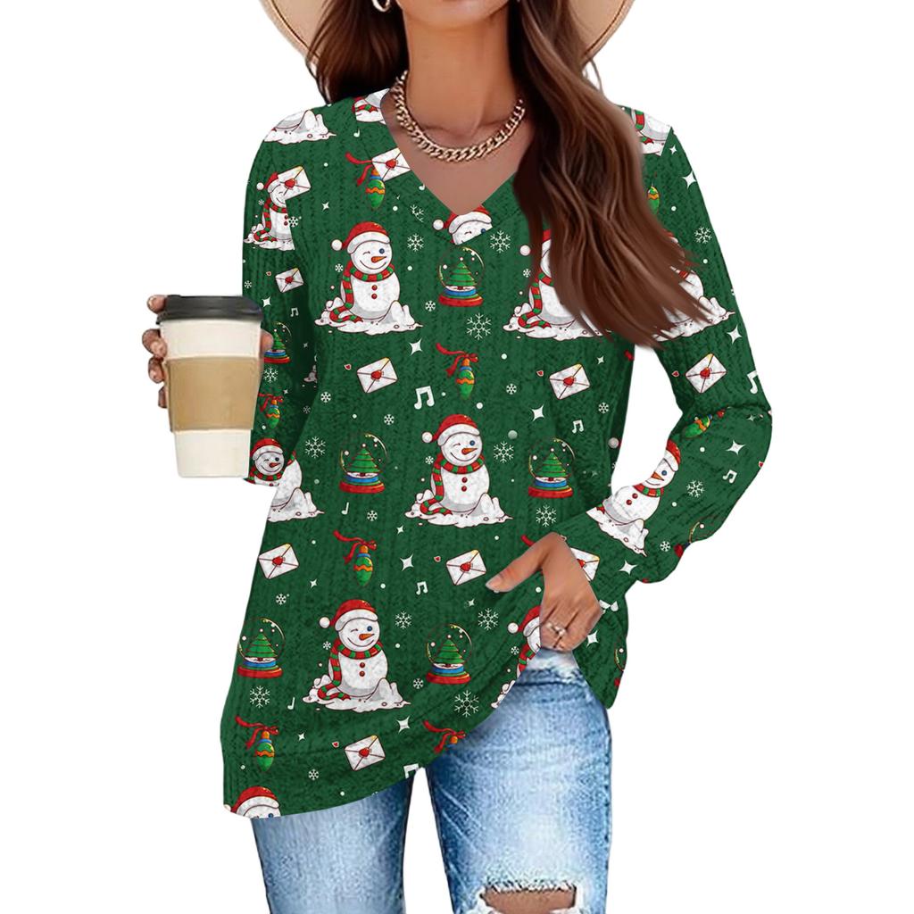 Women's Fashionable Loose-Fit V-Neck Long-Sleeved T-Shirt Christmas Print Pullover