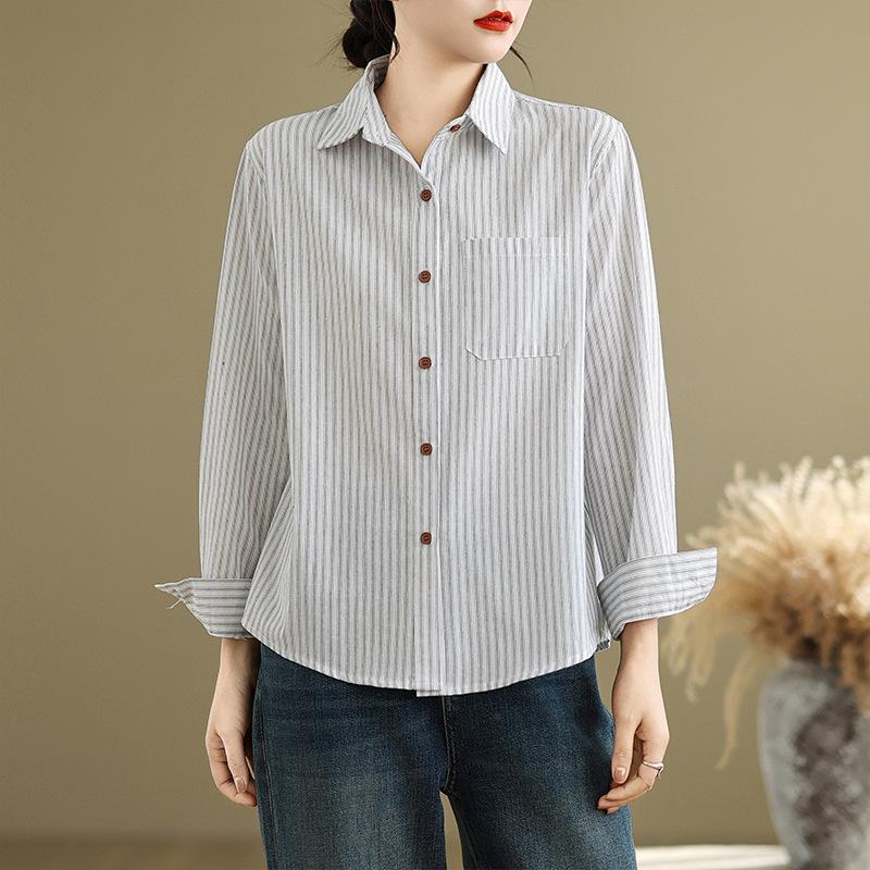 Весенняя художественная свободная рубашка с полосатым лацканом и длинными рукавами, женская рубашка, топ, блузки и рубашки