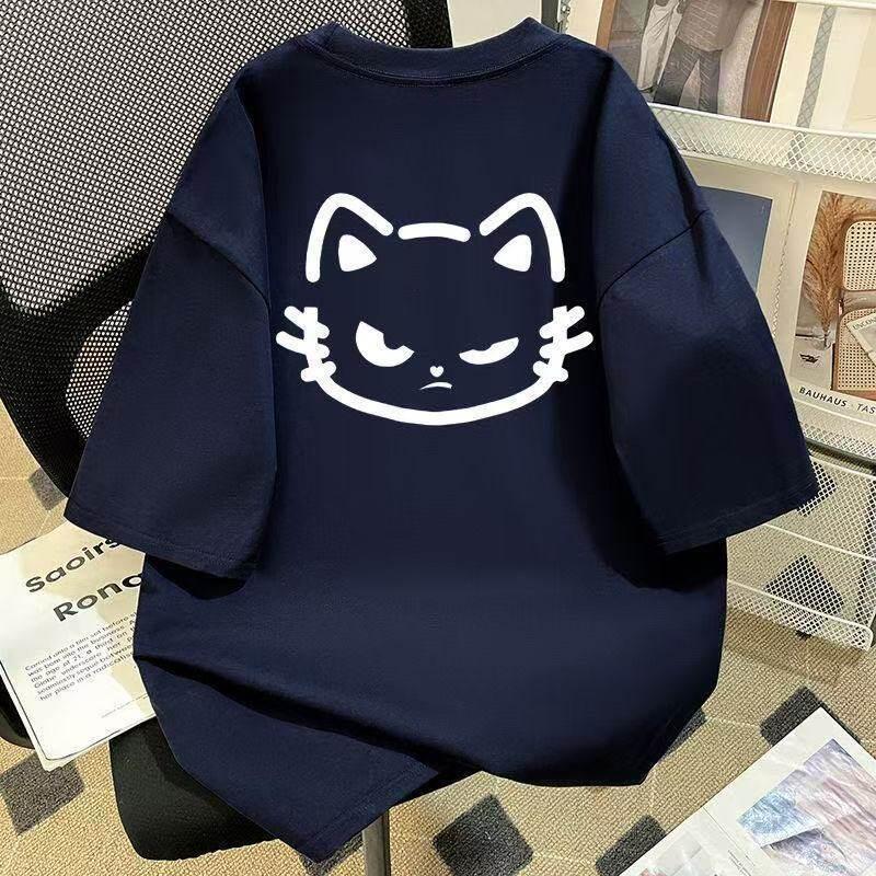 Pure Cotton Korean Vintage Cat Print ShortSleeved TShirt Couple Style Summer Casual Loose Top For Unisex And Unisex