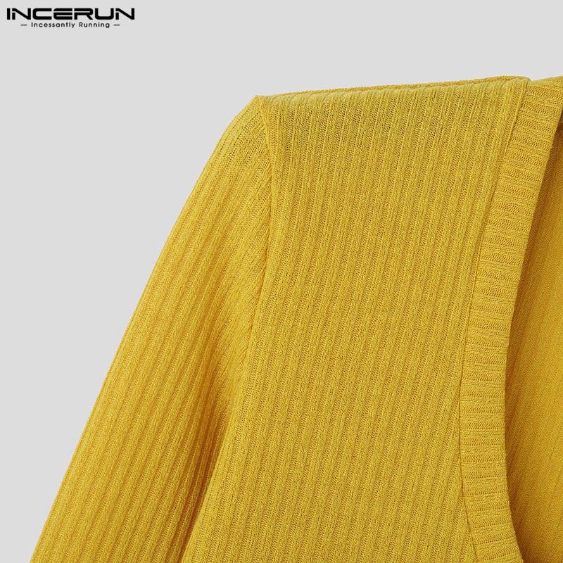 INCERUN Men V Necl Solid Color Long Sleeve Knitted Tops Muscle Fitted Pullovers