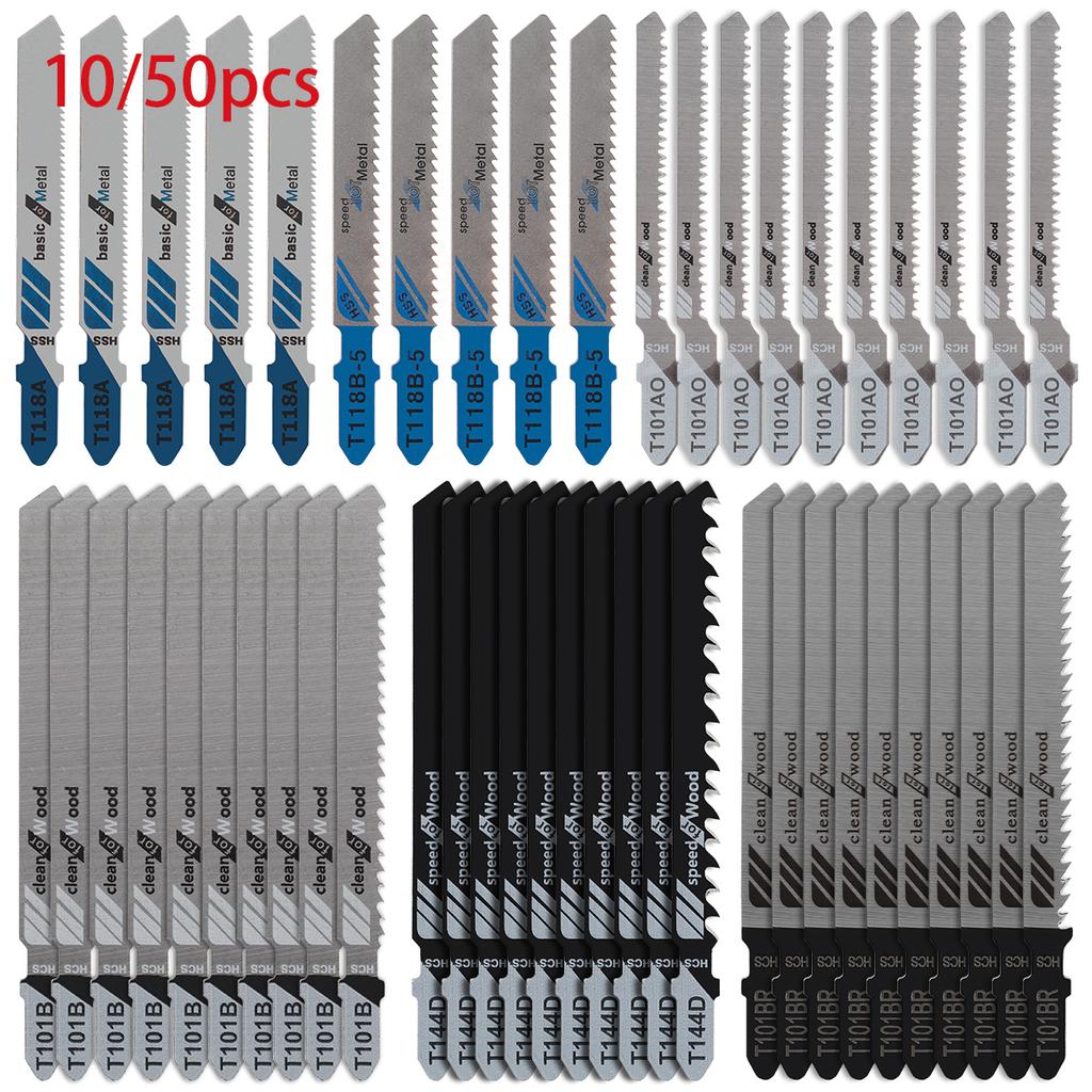 10/50 Pieces Jigsaw Blade Set HCS Various Saw Blades with T-shaped Handle Sharp and Fast Cutting Wood Thin Metal Cutting Tool