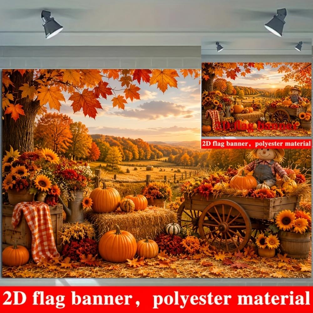 2D planar flag autumn harvest theme banner background Thanksgiving theme featuring red maple leaveszyc