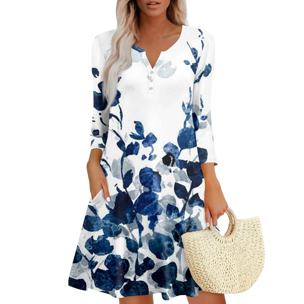 Women's Summer Dress Loose V Neck Three-quarter Sleeve Sundress With Pockets Dress