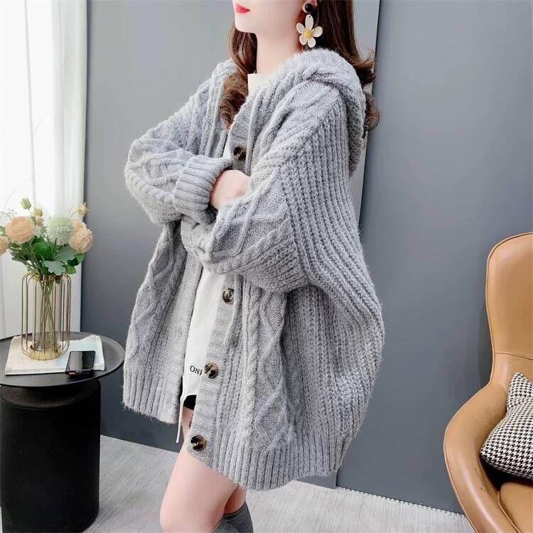 Hooded Sweater Cardigan Female Autumn and Winter Retro Solid Color Elastic Warm Loose Medium-length Knitted Jacket