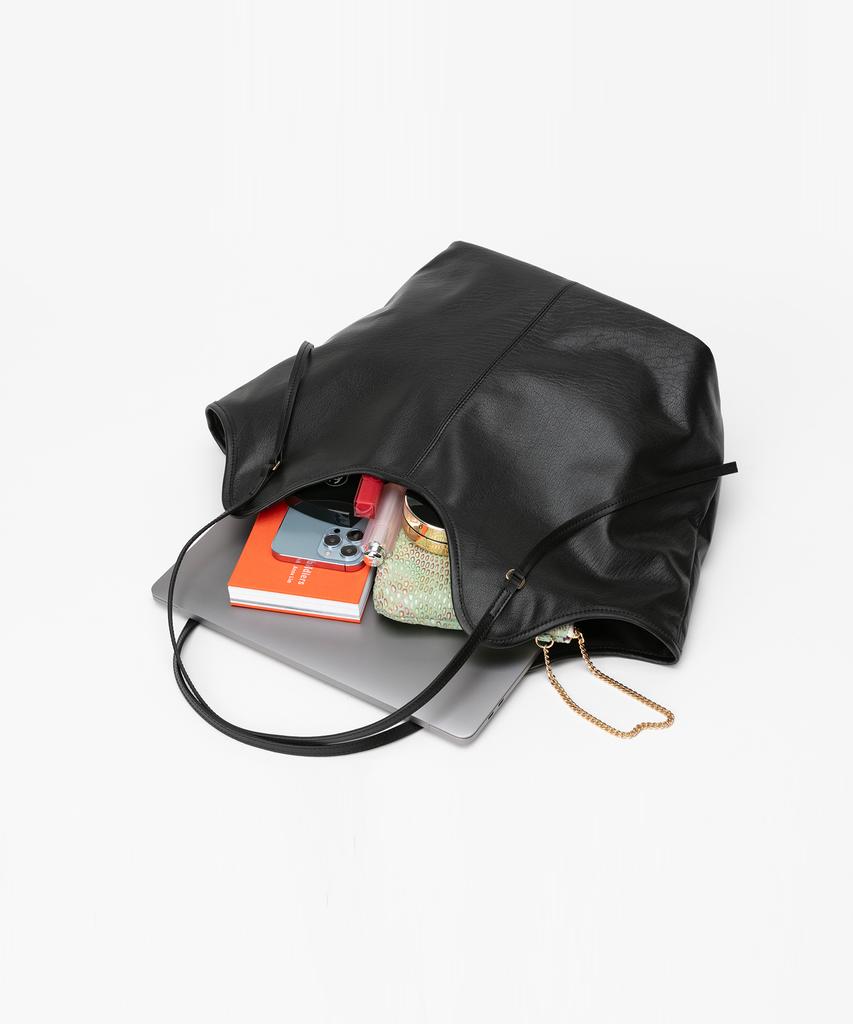 Jina In Ny 14-Inch Carry Uptown Daily Shoulder Bag [Black Leather]