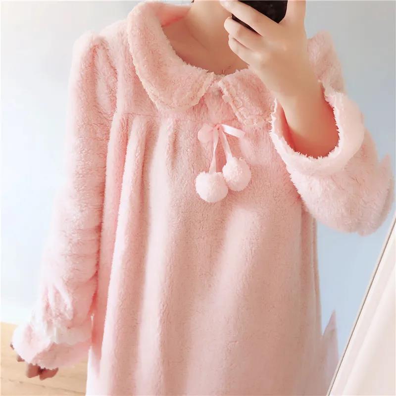 Autumn Winter Flannel Long Skirt Nightdress Women's Long Over The Knee Large Size Loose Solid Color Pompom Pajamas Home