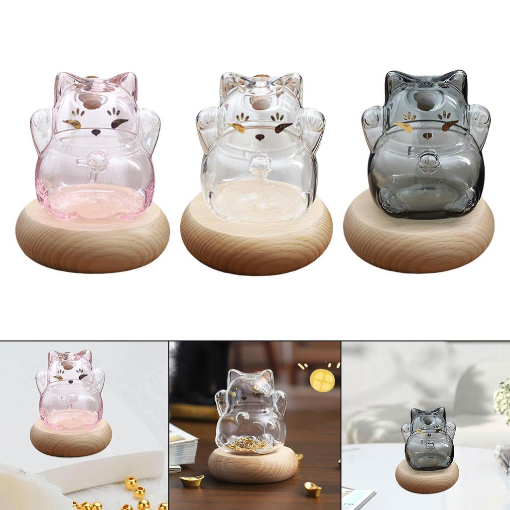 Glass Piggy Bank with Wooden Base Kitten Shaped Money Bank Money Saving Jar for