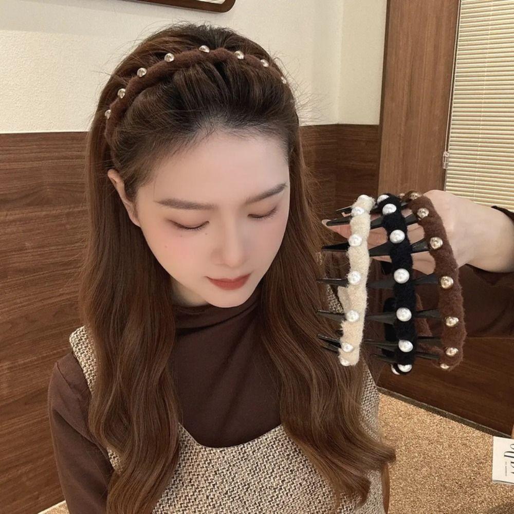 Solid Color Pearl Wave Headband Beads Face Wash Hairband Cute Plastic Hair Band Girl
