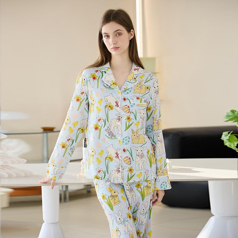 Womens Lightweight Cotton Pajama Set Long Sleeve Top Pants Comfortable Home Wear