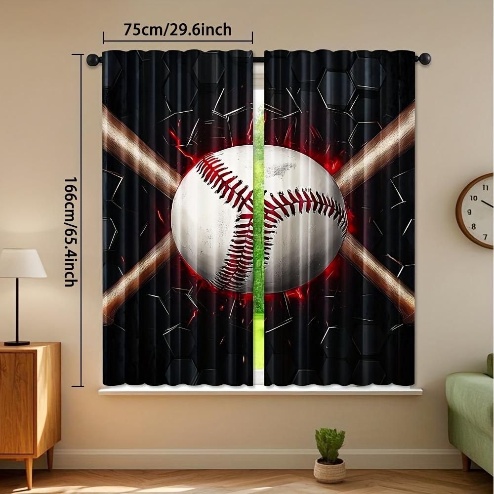 2pcs Baseball Bat Print Window Curtains - Black & Red Sports theme Window Drapes with Rod Pocket for Bedroom   Living Room   Offic