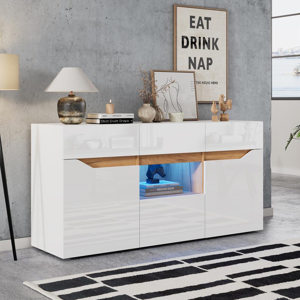 140*40*70cm Living Room Sideboard With 4 Drawers, Cabinet with Two Compartments, High-Gloss Sofa Side Cabinet with LED Lighting, White + Wood Color