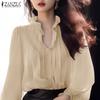 Women Casual Ruffled V-Neck Long Sleeve Pleated Blouses
