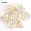 7 Pcs White Yellow Wheel Gear Metal Dice Hollow Metal Polyhedral Dice Set Suitable for Role-Playing RPG Board Game Card Game