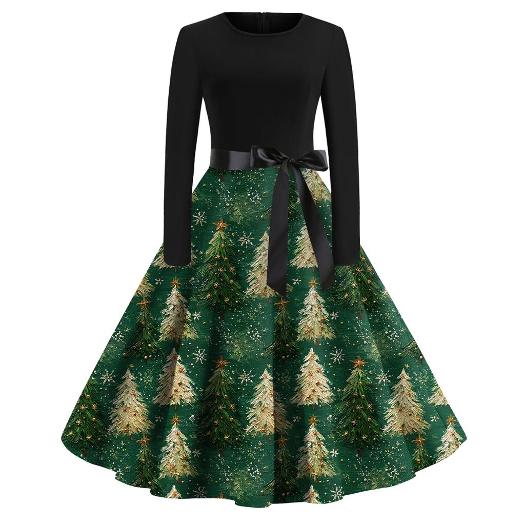 Женское модное повседневное платье приталенного кроя с круглым вырезом, рождественским принтом и длинными рукавами