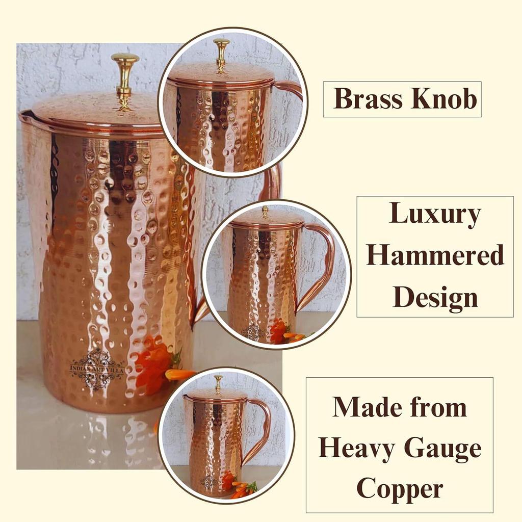 Кувшин для воды из чистой меди с крышкой, 2000 мл, Дизайн, Традиционные аюрведические преимущества, Прочная и стильная сервировочная посуда для дома, кухни и ресторанов