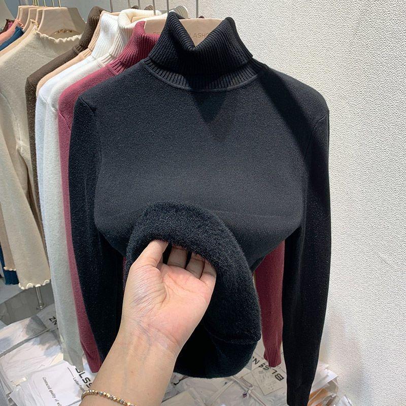 Turtleneck Sweater Women's Fleece Thickened Autumn and Winter New Integrated Mink Fleece Inner Top Bottoming Shirt Women's Winter Thick