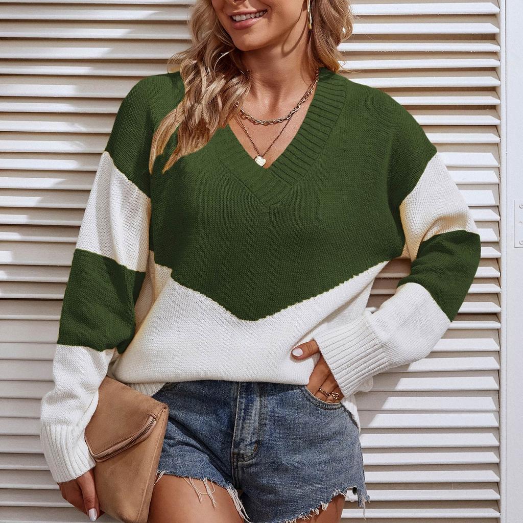 Women's Casual Fashion 2022 Long Sleeved Knitting Contrast Color Sweater Top