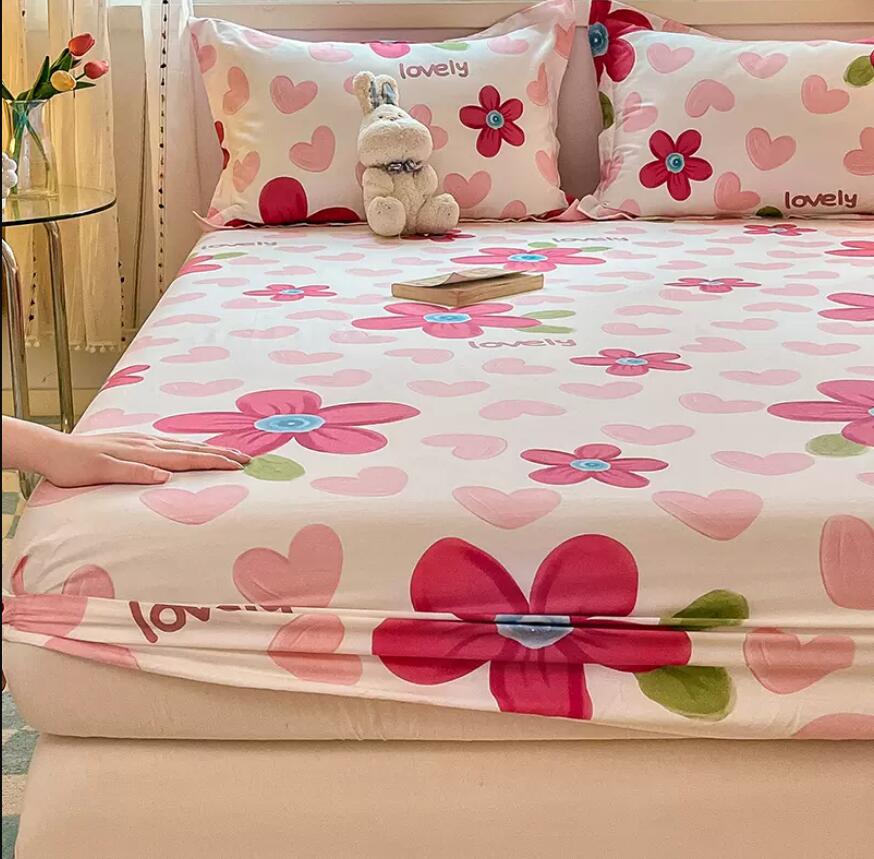 Bed Fitted Sheet + 2pc Pillowcases Bed Cover 100% Cotton Single King Queen Bed Sheet Deep Pocket Mattress Protective Cover B82F