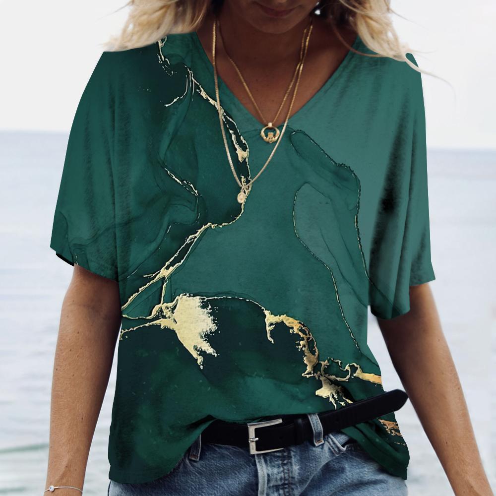 Женская футболка с 3D принтом и градиентом, одежда для девочек, блузка большого размера с v-образным вырезом, летний пуловер в стиле Харадзюку с короткими рукавами, женские повседневные топы