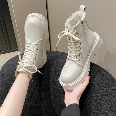 Женские ботинки 2024 года, осень/зима, новый британский стиль, плюшевые модные толстые мотоциклетные ботинки, удобные кружевные ботинки на молнии для снега