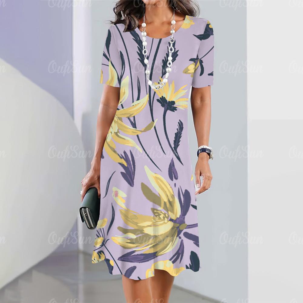 2025 New Ladies Floral Print Summer Elegant Dress Round Neck Short-sleeved Dress Fashion Oversized Clothes
