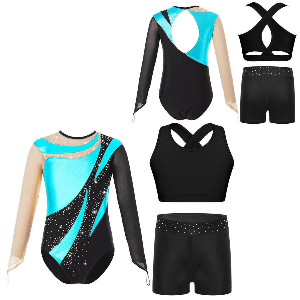 Гимнастический купальник для девочек и детей с шортами, с длинным рукавом, для акробатики, балета, танцев, юнитард с активным жилетом