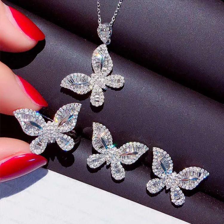 Fashion Fairy Full Diamond Pt950 Butterfly Pendant, Simulated Zircon Ring Stud Earrings Set