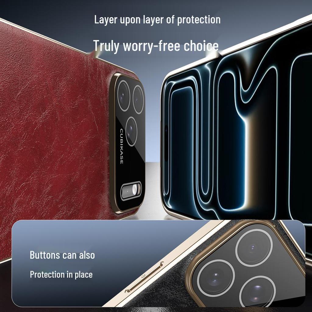 Гальванизированный кожаный чехол для телефона для iPhone 17 Pro Max: Защита от падений, Текстура кожи с восковым покрытием, Совместим с iPhone 16