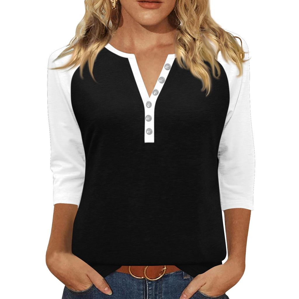 Жен. Футболка С принтом Пуговицы Рукав 3/4 Повседневные Выходные Мода Классический Классический V-образный вырез Обычный Верх