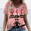 Summer Cartoon Cat Women's T Shirts Vintage Short Sleeve Tops Girls V-Neck Tees Female Clothing Oversized Pullover