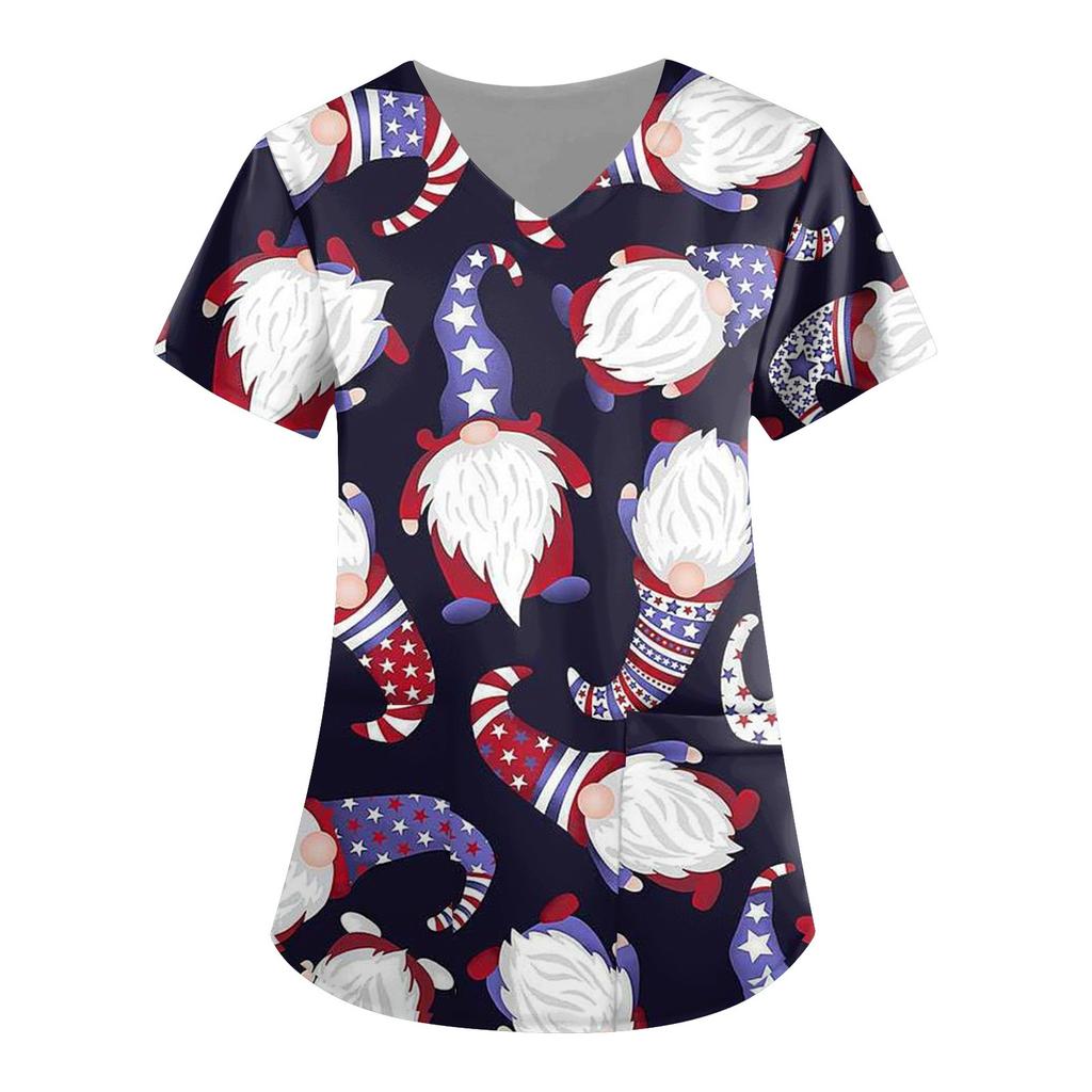 Women's Independence Day Print Short Sleeve V Neck Top Work Pocket Shirt