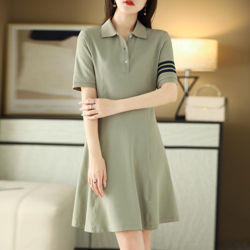 2025 Women's Summer Polo Collar Slimming Mid-Length Color Block Dress with Big Swing Cotton Skirt