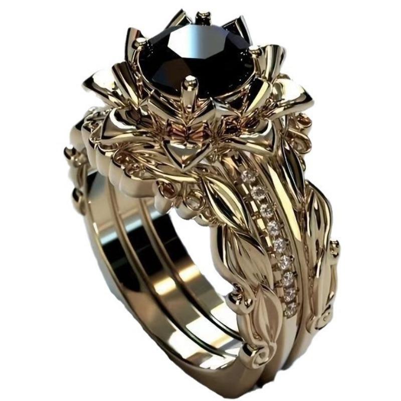 Кольцо из трех частей, розовое женское кольцо, позолоченное, ювелирные изделия с черным бриллиантом