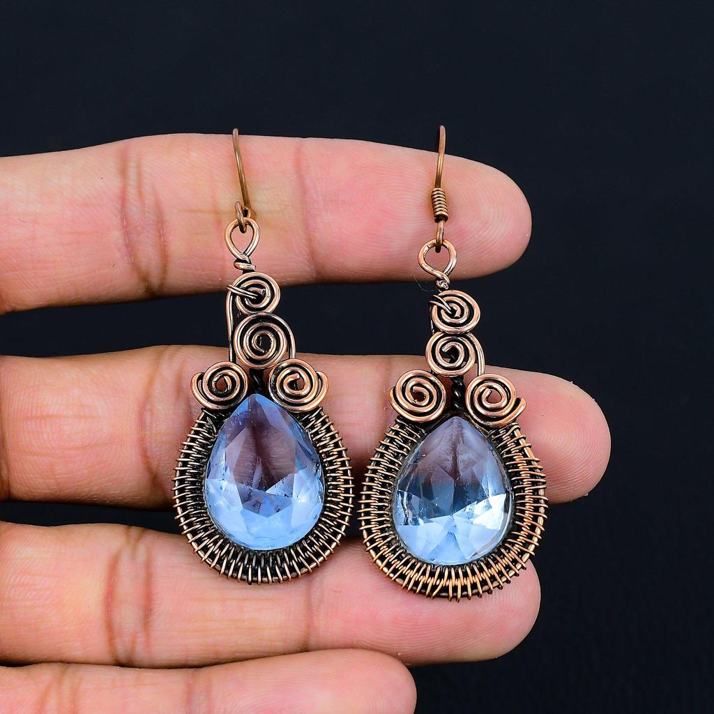 Beautiful Tanzanite Gemstone Handmade Pure Copper Wire Wrapped Earrings Jewelry
