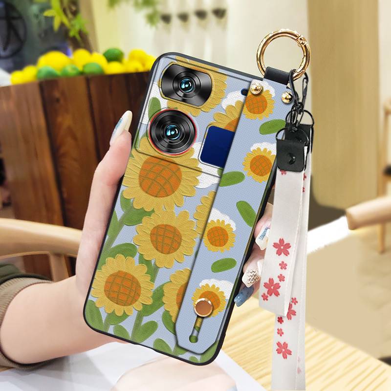 Waterproof Kickstand Phone Case For ZTE Nubia Z60 Ultra Oil Painting Soft Case Fashion Design Flower Anti-knock Lanyard