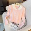 Sweet and Youthful Color-blocking Doll Neck Long-sleeved Knitted Sweater for Women, A Stylish Single-breasted Loose Short Top for Autumn