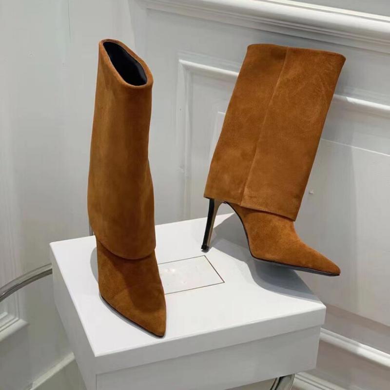 Полусапоги из замши до середины икры EU/US - Остроносые на шпильке Однотонные сапоги поверх брюк для женщин Офисный шик Зимняя обувь