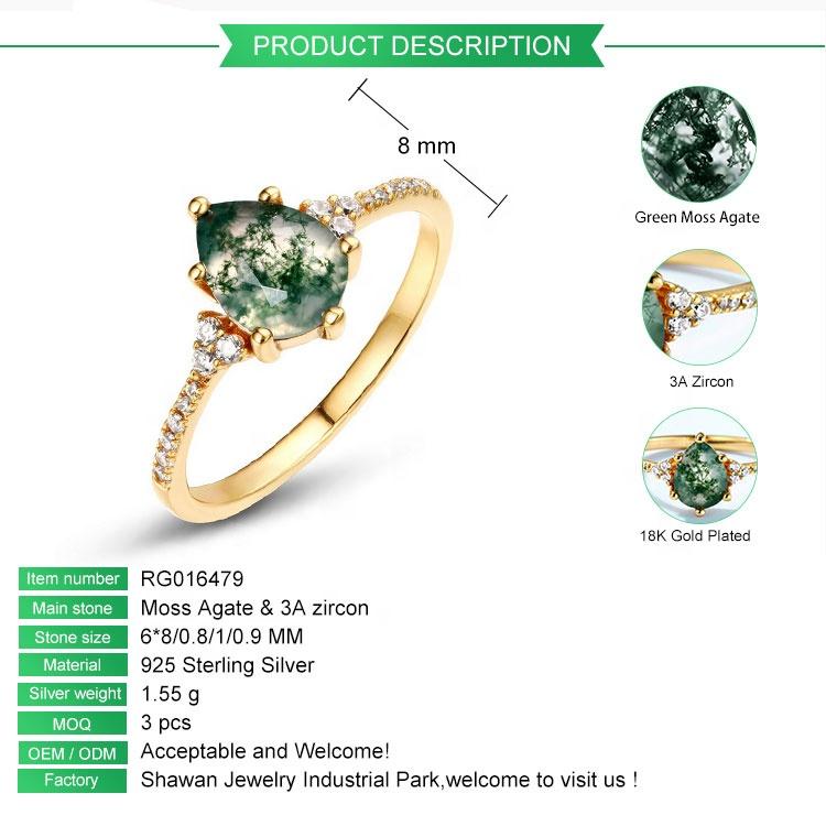 Real Silver 18k Gold Plated Pear Shaped Natural Gemstone Ring Delicate Teardrop Moss Agate Rings for Rings Jewelry Womens
