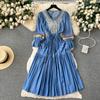 New Autumn Elegant Embroidery V-neck Puff Sleeve High Waist Lace-up Jeans Women Long Dress