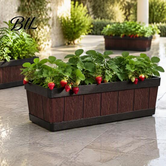 Long Flower Planter for Railings 18 Inch Rectangular Box, Imitation Wood Grain Window Box Planter, Plastic Vegetables Non Deformable Plant Basins
