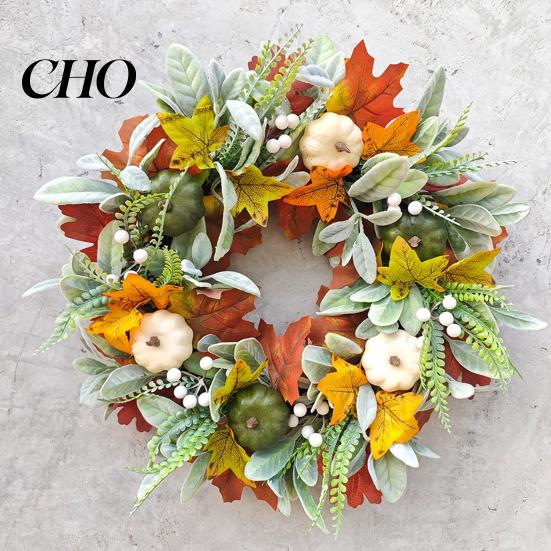 Harvest Wreath Simulated Autumn Maple Leaf Pumpkin Pine Cone Berry Realistic Fall Thanksgiving Door Decor
